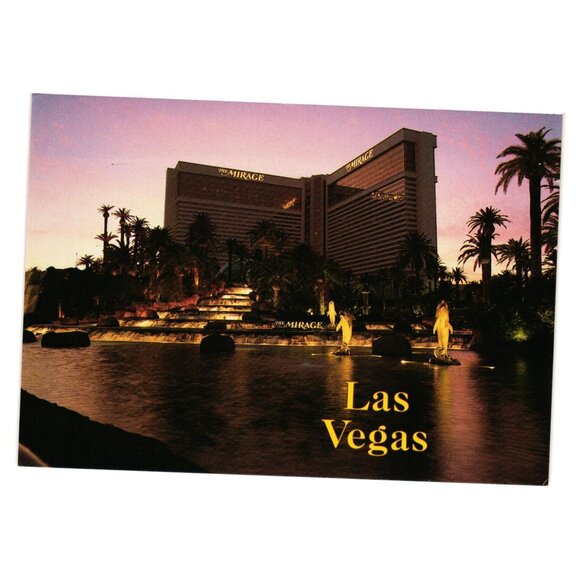 Mirage Dolphin Statue Fountain Vintage Postcard Evening Lights 2US NV 400 Vegas - Picture 1 of 2